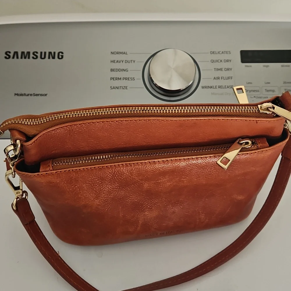 Classic Tan Leather Crossbody Bag with Gold Hardware